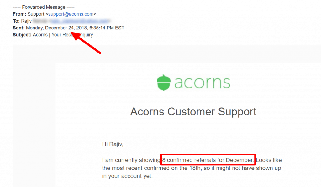 Acorns showing 8 referrals